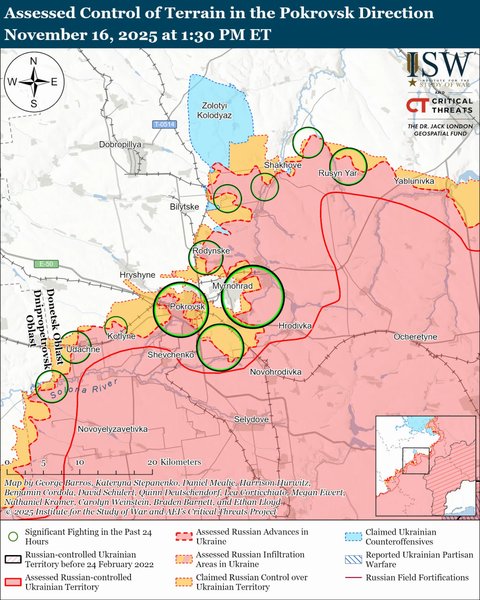 Покровское направление — оценка контроля местности — карта ISW Карта продвижения ВС РФ на Покровском направлении
